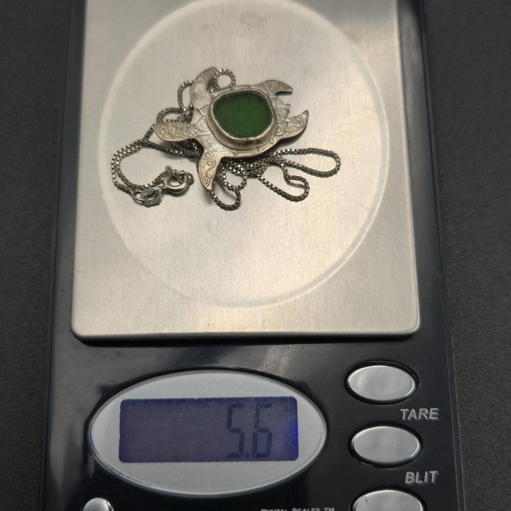 18 Inch Sterling Silver Green Sea Glass Turtle Pendant Necklace A6101 - Picture 7 of 7